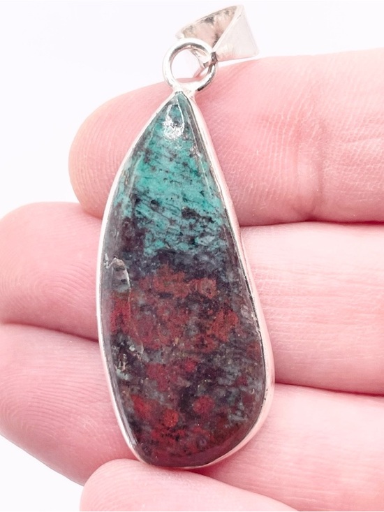 925 Sterling Silver Jewelry - Sterling Silver Chrysocolla and Red Jasper Teardrop Pendant